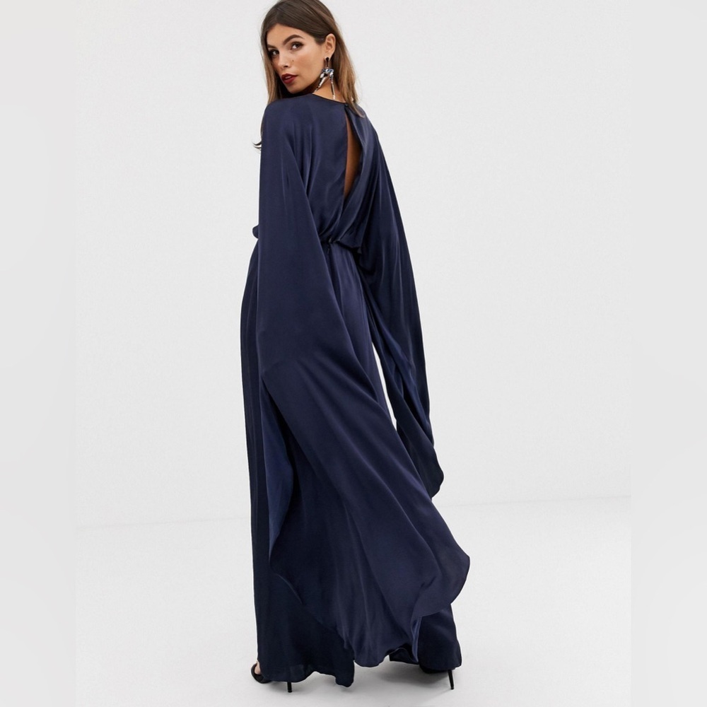 NWT ASOS Edition Satin Cape Sleeve Jumpsuit in Navy Blue Size 2. - Picture 2 of 15